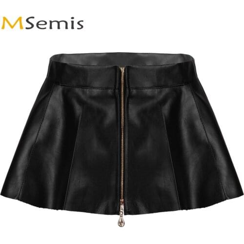 Women Erotic High Waist Mini Skirt Night Club Pole Dance PU Leather Skirts Sexy School Student Girl Zipper Pleated Booty Bottoms