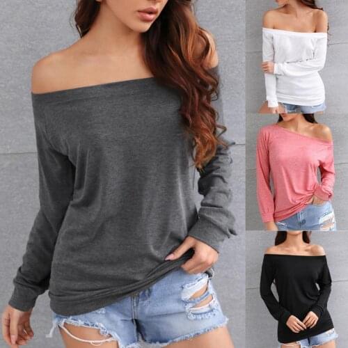 Women Black T Shirts Long Sleeve Boat Neck Off Shoulder Tee Shirt Tunic Tops Slim Tshirt Casual Woman Tshirts Basic Tops Spring