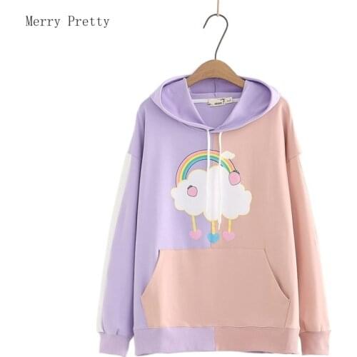 Rainbow Print Patchwork Hooded Sweatshirt Women 2021 Summer Sweet Style Pockets Hoodies Korean Girly Cotton Drawstring Cute Top