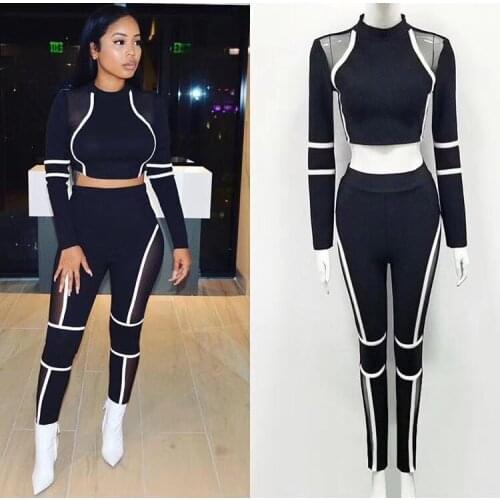Two Piece Set Women Long Sleeve High Neck Long Pants Set Sexy Autumn Winter Bandage Bodycon Runway Women Pants Set