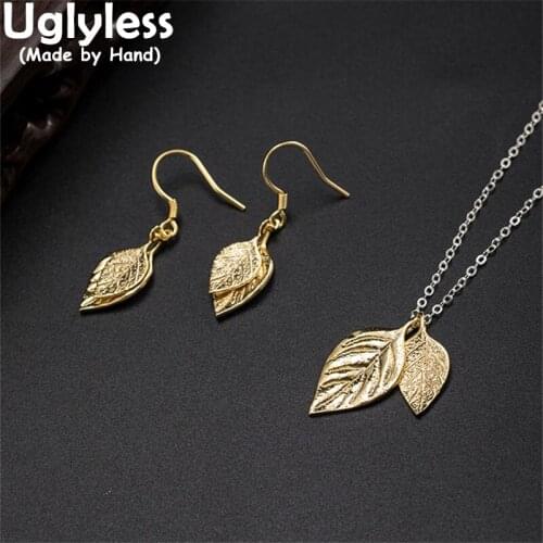 Uglyless Gold Leaves Jewelry Sets for Women Real 925 Sterling Silver Earrings Necklaces Ethnic Fashion Leaf Pendants + Chains