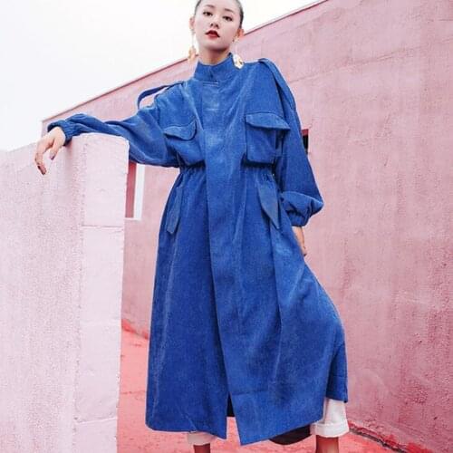 Women Autumn Thick Blue X-Long Trench Coat Female Stand Collar Adjustable Waist Corduroy Coats Casual Loose long Outerwear Z387
