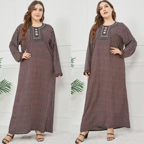 Plus Size Vintage Muslim Women Printed Long Dress Embroidery Long Sleeve Abaya Islamic Turkey Maxi Robe Gown Middle East Ramadan