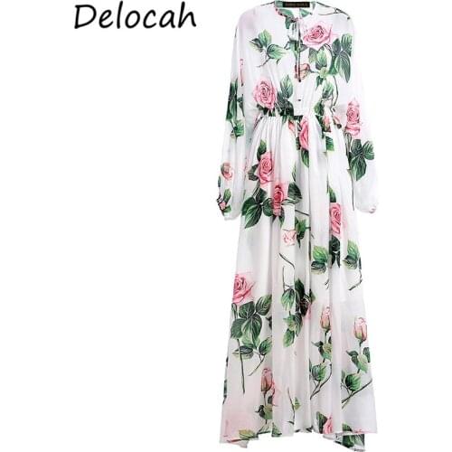 Delocah Summer Elegant Long Dresses Women Lantern Sleeve Elastic Rose Floral Print Waist Holiday Chiffon Maxi Dress