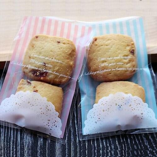 100pcs 7x10cm Light Pink and Blue Striped Lace Doily Cellophane Bag Candy Cookie Plastic Packing Bag Self-adhesive Bags