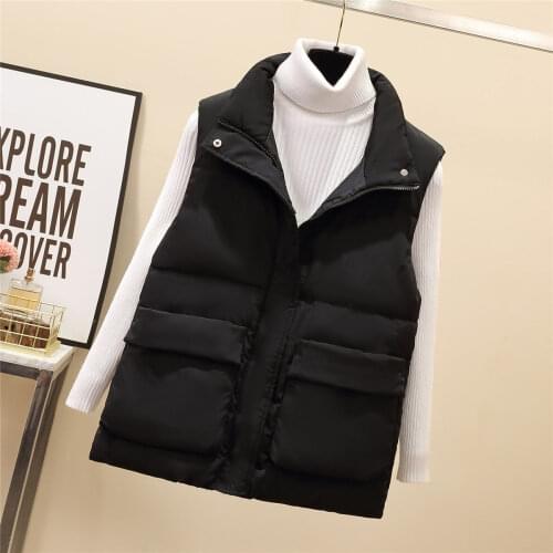2021 Winter Warm Vest Jacket Female Black Stand Collar Sleeveless Vests Short Vest Ladies Cotton Padded Jacket Waistcoat Q97