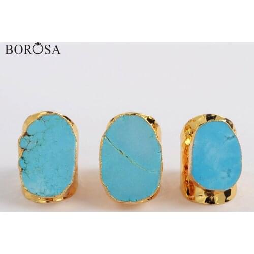 BOROSA 5Pcs Fashion Blue Howlite Ring Gold Plated Freeform Turquoises Women Rings Jewelry Gems Stone Ring Jewelry G0208
