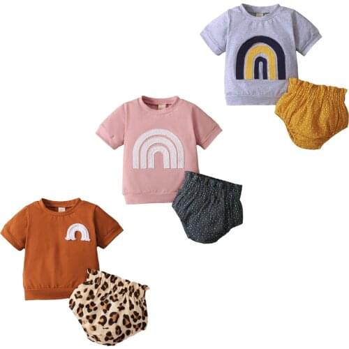 2pcs Toddler Infant Baby Girls Clothes Sets Newborn Kids Boys Clothing Rainbow Print T-shirts+Ruffles Leopard Shorts Outfits
