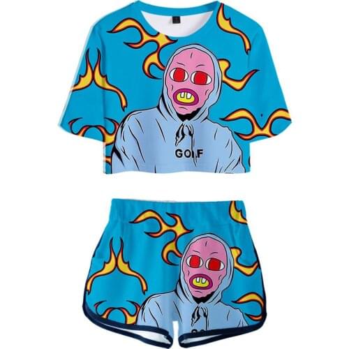 Tyler The Creator Golf Fire Flame Skateboard 3D Pop Shorts And T-shirts Fashion Women Two Piece Sets Cool Print Crop Top Clothes