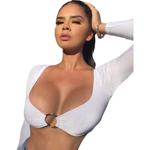 2021 Fashion Women’s Summer Long-sleeved Crop Top Solid Color Hollow Ring Exposed Navel T-shirt Skinny Sexy Ladies New Tees