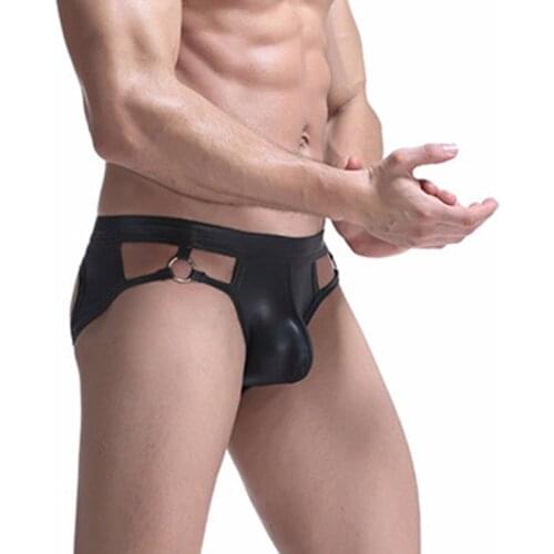 Mens Sexy PU Leather Underwear Jock Strap Briefs Thong G-String Pouch Panties Underwear Men Erotic Lingerie Micro Bikini Briefs