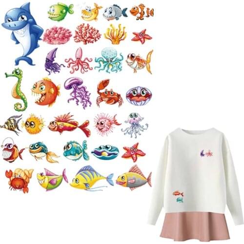Animal Patches Set Fish Octopus Crab Transfer Hot Tear Transfer Paper Hoodie Tops Diy Heat Press Iron On Patch