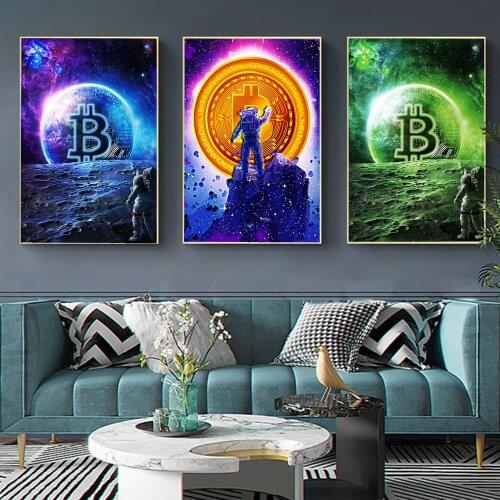 New Blue Planet Moon Golden Bitcoin Virtual Currency Canvas Painting Posters Wall Painting Art Home Artist Decor for Living Room