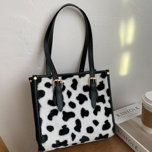 New Vintage Splicing Plush Leather Shoulder Handbags For Ladies Fashion Cow Pattern Casual Large Capacity Women Shoulder Bags