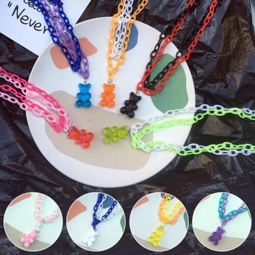 Fashion Rainbow Jelly Bear Gummy Necklaces For Women Candy Bear Exaggerated Colorful Double Cuban Link Animal Cute Cool Necklace