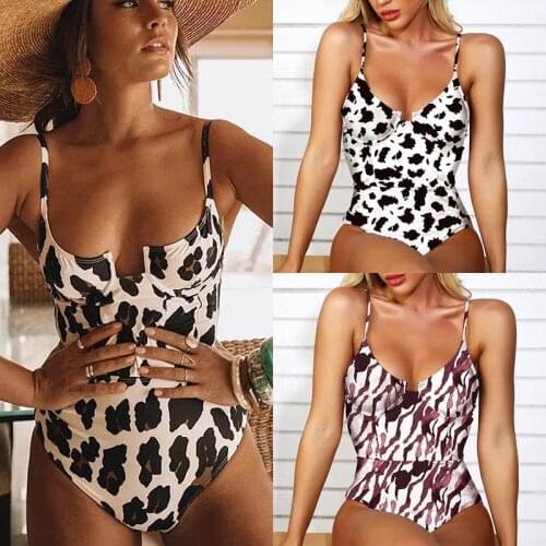 Sexy One Piece Swimsuit Women Fashion Leopard-Print sexy Halter Top With Deep V-Neck One-Piece Swimsuit
