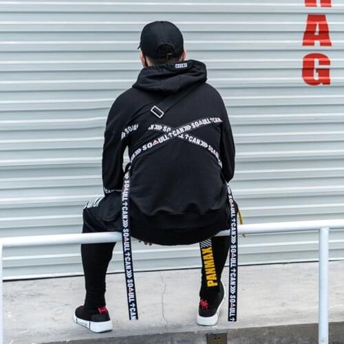 New Stylish Trend Street Punk Full Sleeve Black Ribbons Mens Hooded Sweatshirts Hip Hop Autumn Loose Male Hoodies Streetwear