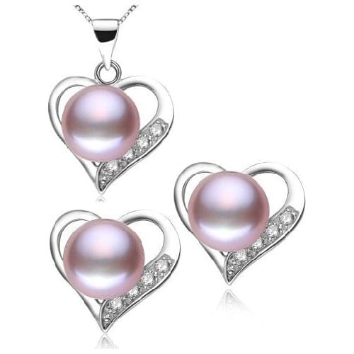 3 color Real Freshwater Pearl Jewelry Set Necklace Pendant Chain Earrings Fashion Heart Jewelry Set