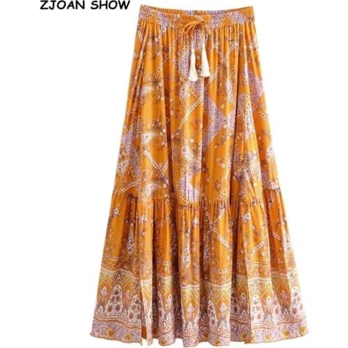2019 Bohemian Orange Floral Print Long Skirt BOHO Holiday Women Stitching pleated Lacing up Stream Waist Floor length Skirts