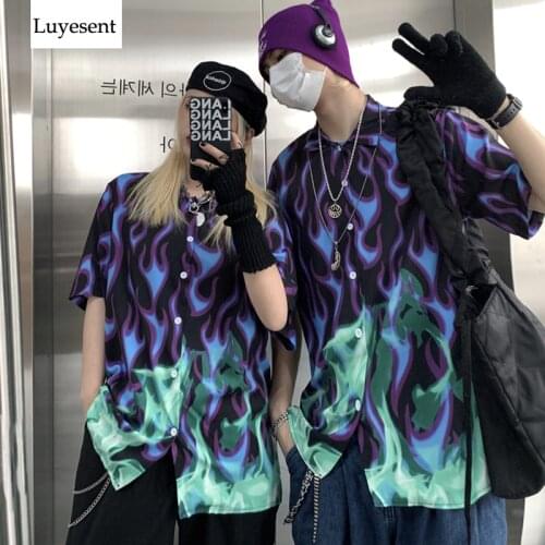 Women Cool 3D Fire Printed Shirt 2021 Summer Unisex Man Loose Single Breasted Short Sleeve Turn-down Collar Hipster Gothic Top