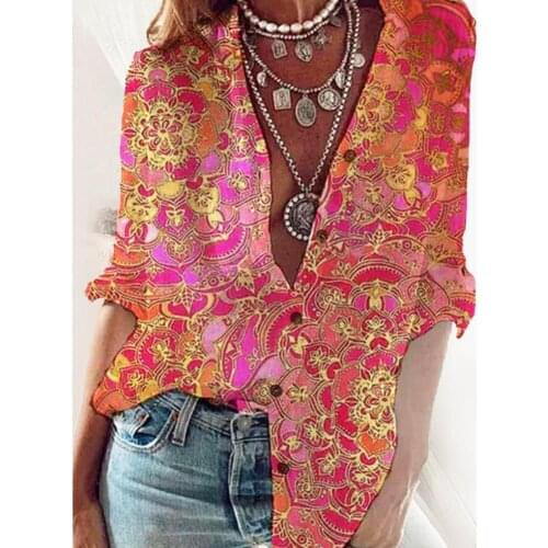 Women Shirt Floral Print Half Sleeve Summer Turndown Collar Loose Blouse for Office