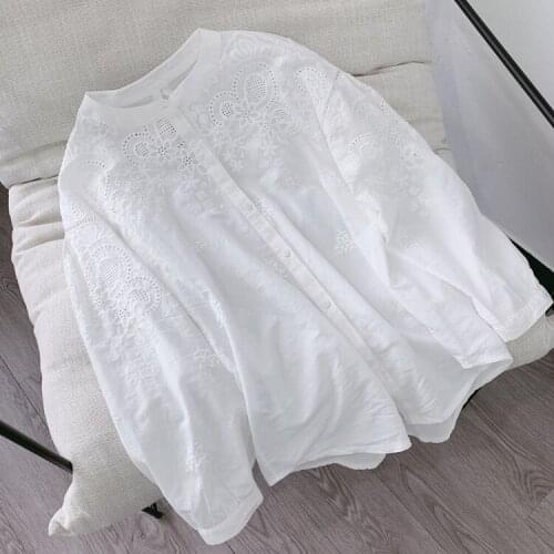 FairyNatural Women Exquisite Palace Embroidery Jacquard Blouse Hollow Stand Collar Ladies Japanese Style White Cotton Shirts
