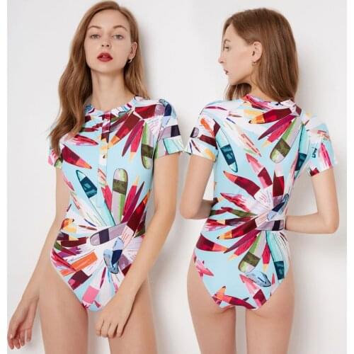 Womens Athletic One Piece Swimsuit Short Sleeve Rash Guard Swimming Bathing Suit Zip-Up Swimwear Sun UV Protection Surfing Suit