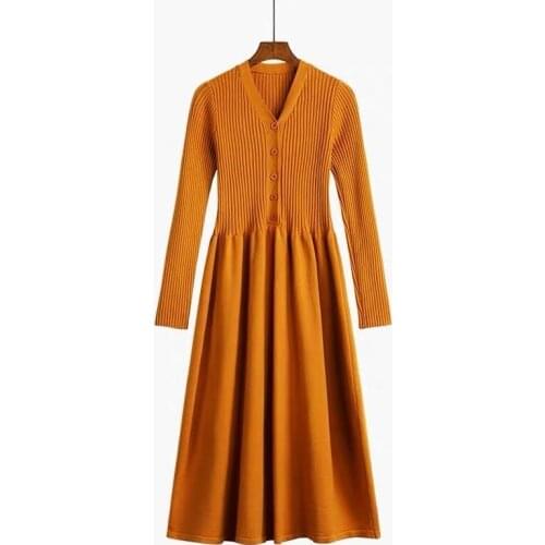 NEW Autumn Winter Knit Long Dress Women Casual V-Neck Slim Bodycon robe Office Lady Sweater Dresses Long Sleeve Bottoming Dress