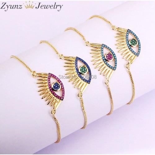 10PCS ZYZ325-0130 Pave Crystal Zirconia Eye Bracelet, Gold Color Eye Bead Slide Chain Bracelet