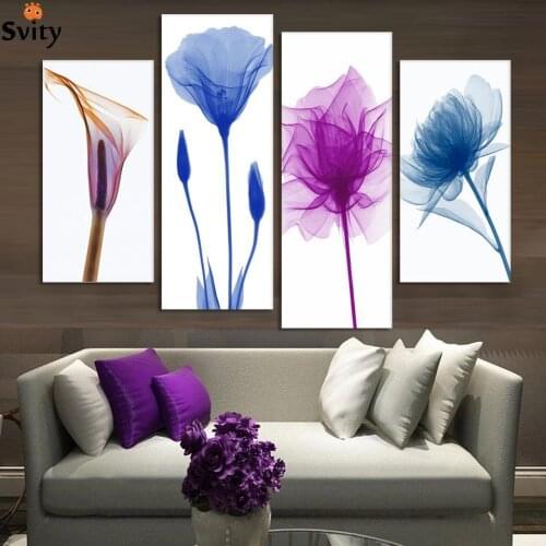 4 Piece Free Shipping Cheap abstract Modern Wall Painting purple pink flower Home Decorative Art Picture Paint on Canvas Prints