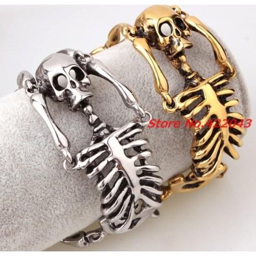 8.26" Rock Design Party Jewelry Silver or Gold color Stainless Steel Cuff Bangle Bracelet Biker Doubld Skull Skeleton Style