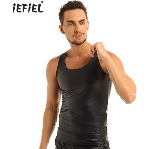 Black Mens Faux Leather Exotic Tank Sleeveless Slim Vest Tank Top Evening Party Clubwear Undershirt Waistcoat