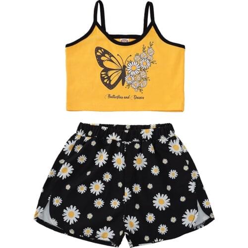 Kids Girls Fashion 2-piece Outfit Set Sleeveless Butterfly Print Tops+Floral Print Shorts Set New Fashion 2021