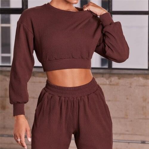Hamidou Long-sleeved Cropped Top+Gym Leggings With Pockets 2 Pcs Women Solid Color Fitness Sets Stripes Knitted Yoga Suits