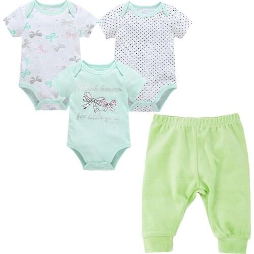 Kavkas New Arrival 4Pcs/Set Baby Boys Pants + Baby Bodysuits Organic Cotton Body Bebe Short Sleeve Newbron Baby Girl Clothes Set