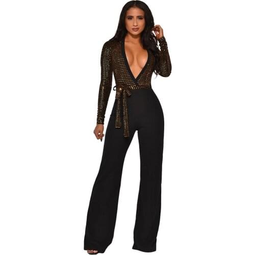 Deep V-neck Sequin Patchwork Wide Leg Jumpsuits for Women Long Sleeve Elegant Formal Rompers Womens Jumpsuit Party Club Overalls