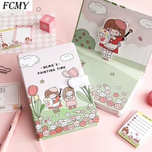 Korean Style Cute Cartoon A5 Creative Color Page Magnetic Buckle Leather Book Student Notebook Notepad Diary