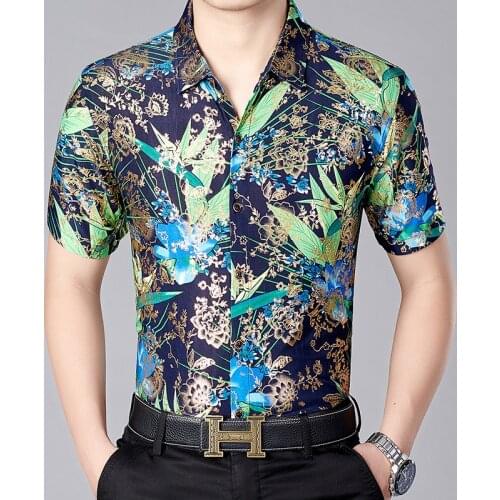 Gold Bronzing Floral Shirt Men 2019 Brand New Short Sleeve Silk Shirt Male Business Wedding Prom Casual Shirt Camisa Hombre 3XL