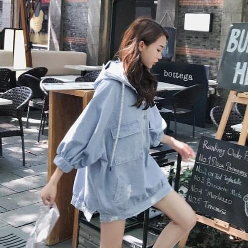 2021 Spring And Autumn New Loose Medium Length Sweatshirt Versatile Hooded Bat Sleeve Denim Top