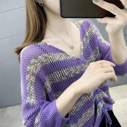 New Womens Pullover Hollow Early Spring VNeck Drawstring Striped Western-Style All-Match Sweater Patchwork Thin Loose Mesh Top