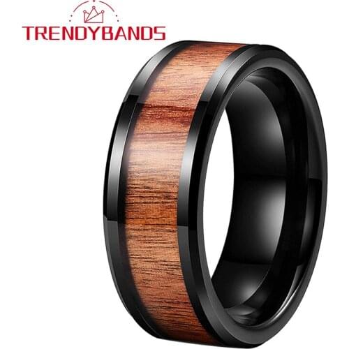 8MM Black Tungsten Engagement Rings Wedding Bands For Men Women Koa Wood Inlay Beveled Edges Polished Comfort Fit