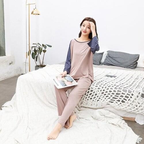 Solid Simple Cotton Plus Size Pajamas Sleepwear Women Long Sleeve Round Neck Top + Pants 2 Piece Set Pyjamas Women pijama mujer