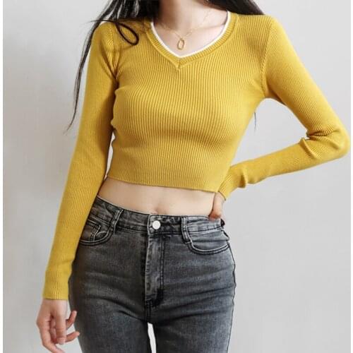Fall woman sweaters cropped korean cute sweaters kawaii knitted sweaters long sleeve crop top v neck pullover vintage