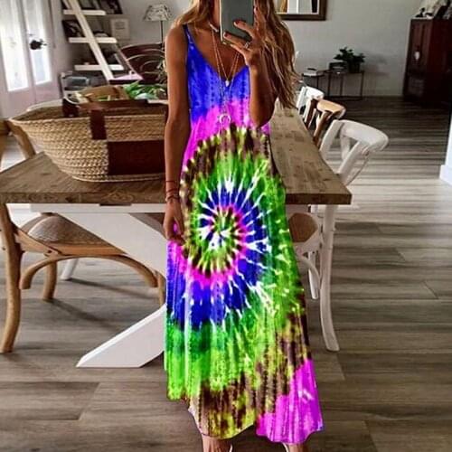 Rainbow Printed Dress Women Casual Tie Dye Harajuku Loose Long Dresses Sexy Deep V-Neck Colorful Maxi Female Beach Dress Vestido