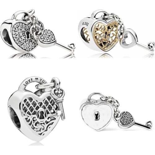 DIY Charm Openwork Padlock Heart Lock & Key With Crystal Pendant 925 Sterling Silver Bead Fit Pandora Bracelet Jewelry