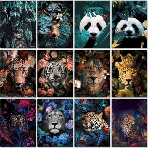 SDOYUNO 60x75cm Paint By Numbers For Adult Flower And Animals DIY Oil Painting By Numbers On Canvas Lions Frame Home Decor