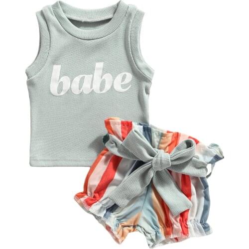 2021-06-05 Lioraitiin 0-24M Infant Baby Boy Girl Tank Shorts Bow Belt Vertical Stripes Rainbow Pattern Printing Summer Clothing