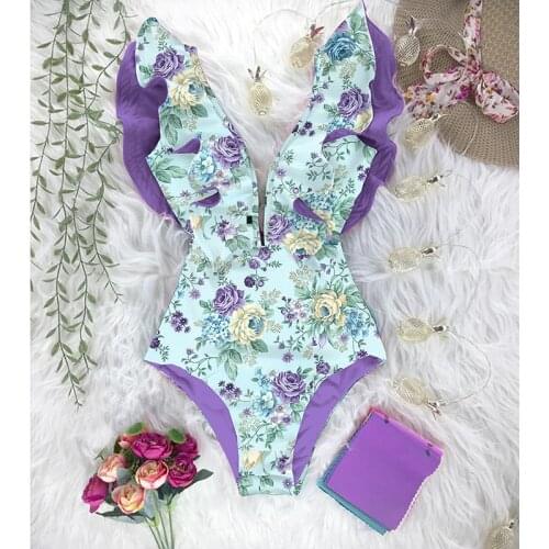 2021 New Print Swimwear Deep V-neck Ruffle Swimsuit Push Up One Piece Swimsuit Beach Wear Backless Monokini