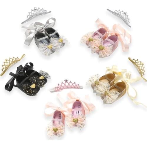 2021 Soft-Soled Toddler Shoes Girls Princess Shoes Crown Tiara 2 Piece Outfit Newborn Baby Girl First Time Walking Shoes For Kid