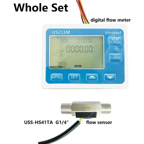 US211M Digital Flow meter Display with USS-HS41TA SUS304 Flow Meter Totalizer Flow Measurement 0.3-3.5L/min Range G1/4" thread